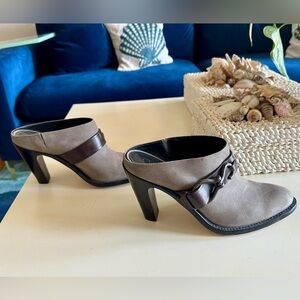 Cole Haan Nike Air 8B mules. 3.75 inch heel.  Grey suede/brown leather trim